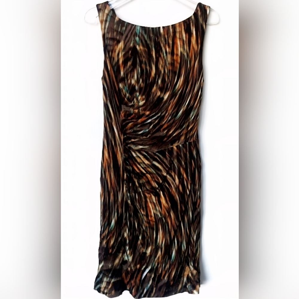 Escada Sleeveless Brown Green Orange Tropical Patterned Dress With Side Ruching